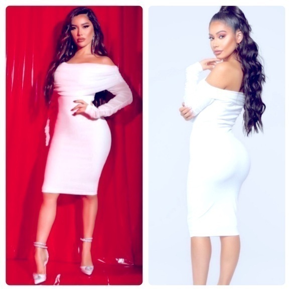 NWT Fashion Nova Take Me On A Dinner Date Dress - Off Shoulder White Bodycon - Picture 1 of 6